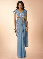 Organza Sky Blue Party Wear Hand Work Ready To Wear Saree